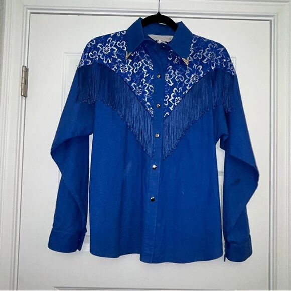 Vintage Lilia Smitty Lace Fringe Long Sleeve Button Front Shirt Blouse Top - Picture 5 of 11